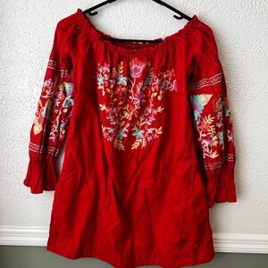 Free people Red Floral Embroidered Blouse off the shoulder boho